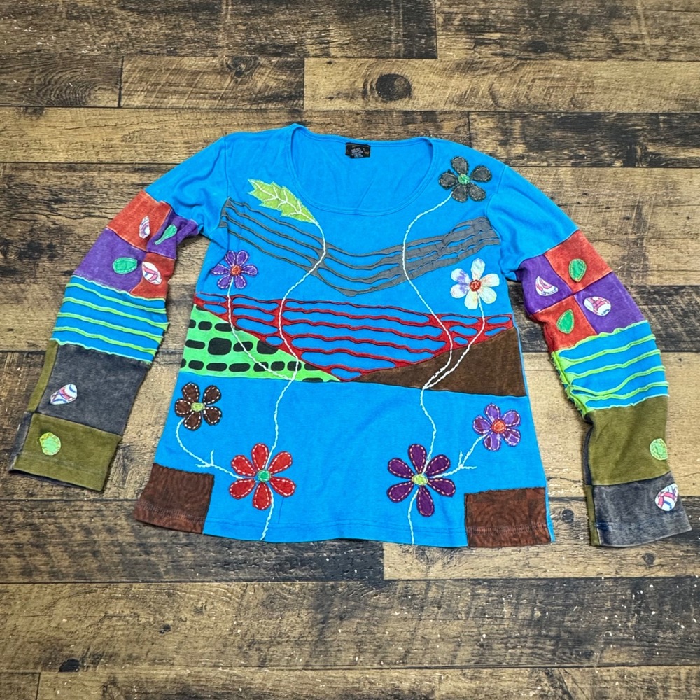 Rising International Blue Patchwork Flower Embroi… - image 1